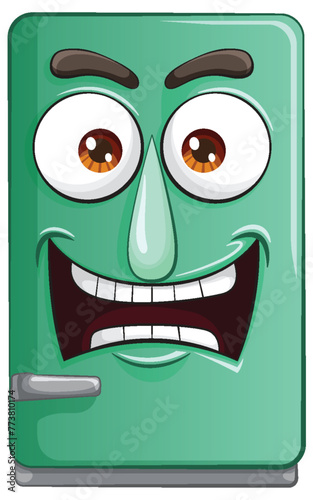 Anxious green fridge with a comical expression.