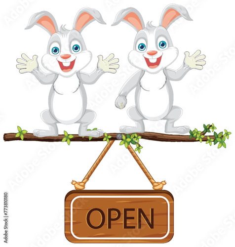 Two cartoon rabbits holding an 'Open' sign.