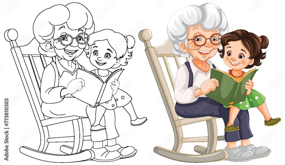 Colorful and line art of grandma reading with child. Colorful and line art of grandma reading with child.