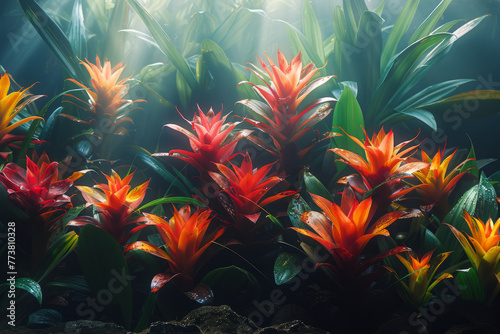 A chorus of bromeliads emitting harmonic frequencies, the vibrations shaping the rainforest's ambien photo