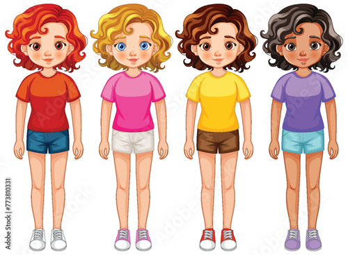 Four cartoon girls with different hairstyles and clothes