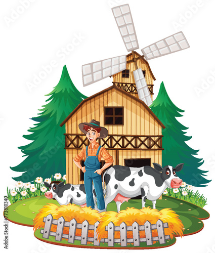 Illustration of a farmer with cows near a windmill.