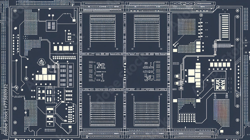 overhead view of a modern, detailed, realistic multi core processor architecture blueprint photo