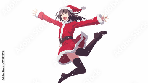 Joyful anime manga girl dressed as Santa Claus bounce