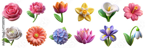 Flowers 3D icons. Illustration of rose, camellia, tulip, daffodil, calla lily, hibiscus, lotus, iris blossom