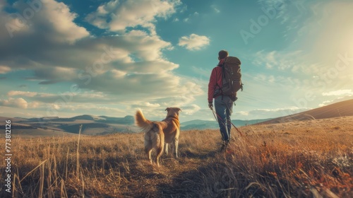 A hiker and a dog standing in an open field looking at the distant hills