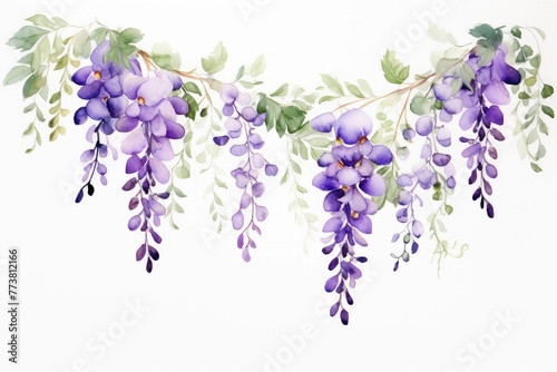 watercolor of wisteria clipart with cascading purple blooms. flowers frame  botanical border  wisteria flowers on an isolated white background  watercolor illustration  botanical painting.