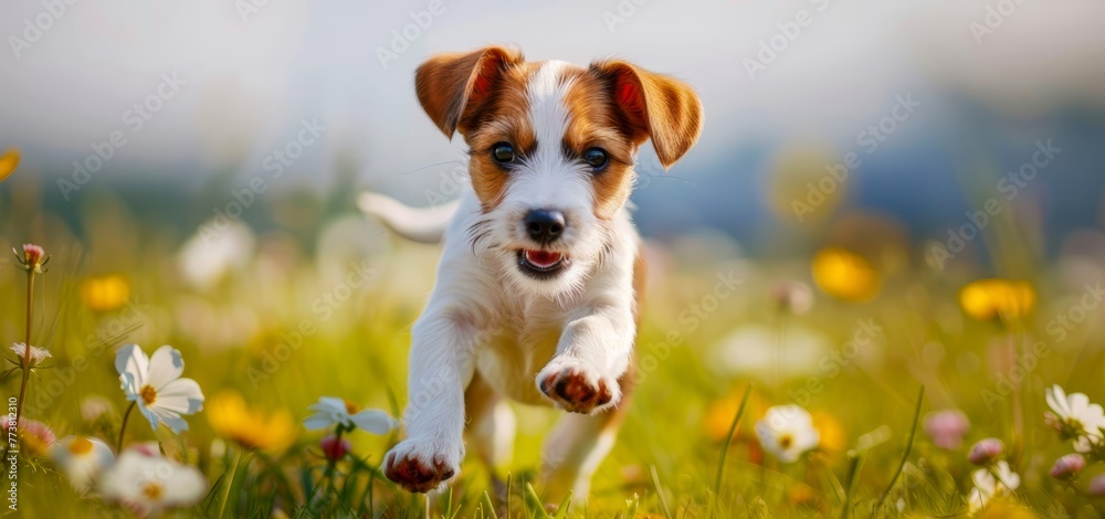 A joyful puppy leaping through a flower field on a sunny day
