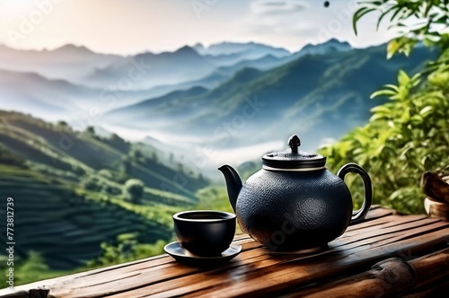 Black tea infuser tea against a background of green tea plantations and mountains. With copy space