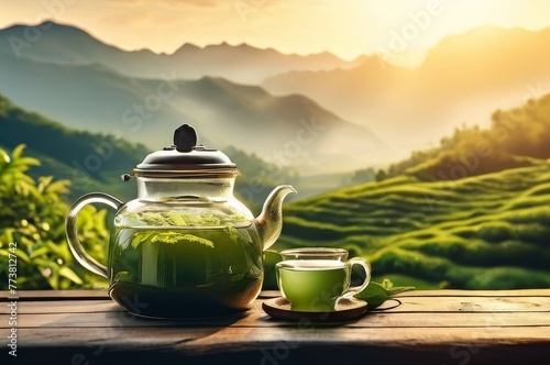 Black tea infuser tea against a background of green tea plantations and mountains. With copy space photo