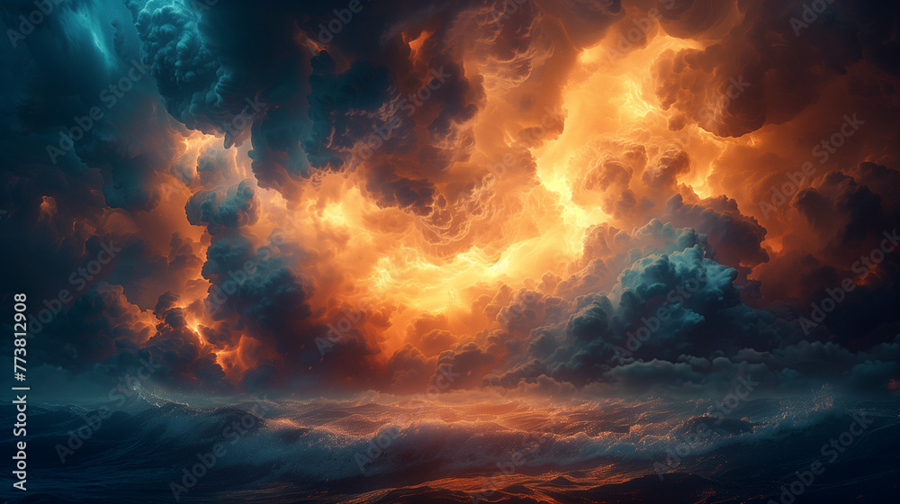 A painting of a stormy ocean with a bright orange and blue sky. AI. A painting of a stormy ocean with a bright orange and blue sky. AI.