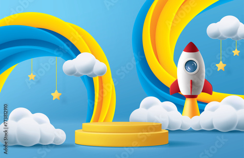 Children's day banner for product demonstration.  Yellow pedestal or podium with rocket on blue background.