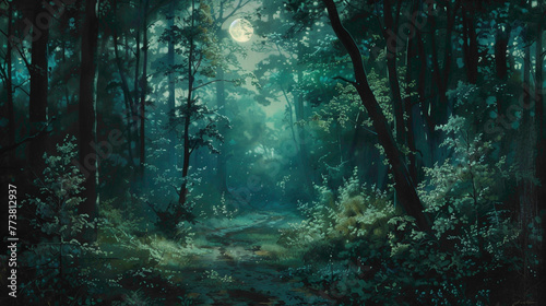 A tranquil forest scene bathed in the soft glow of moonlight, with hues of emerald green and midnight blue blending harmoniously together.