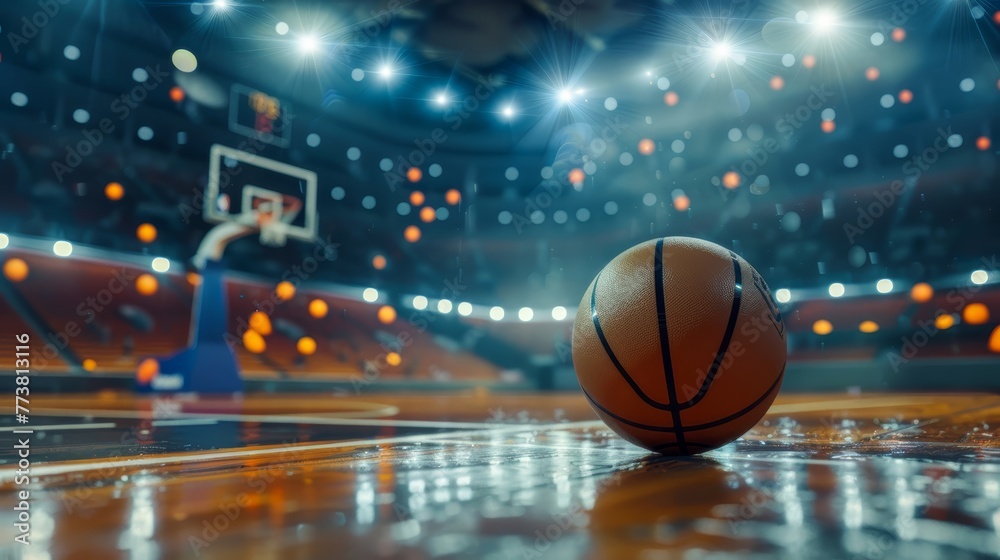 Close-up of a basketball on a shiny court with an arena and hoop in the background
