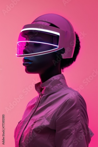 portrait of an african american young girl model wearing futuristic helmet cyberpunk with neon pin light, fashion style pink vibant mood