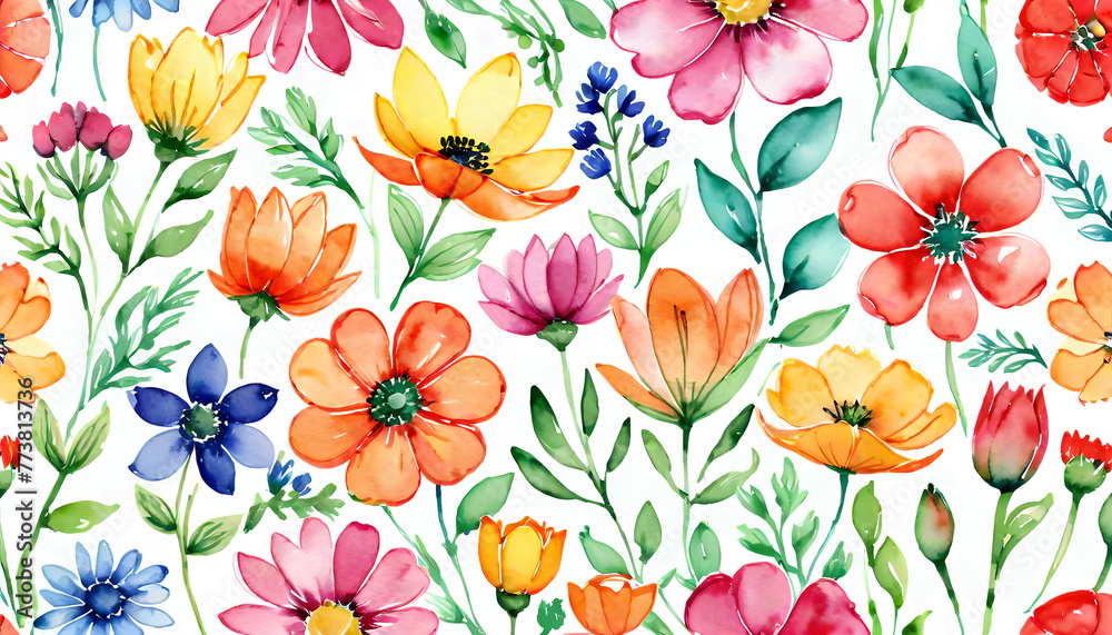 Seasonal flowers on white background, colorful watercolor illustration. AI generative