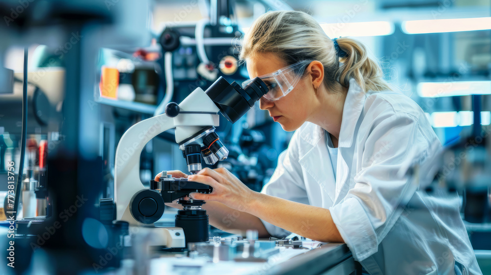 Female scientist examining a specimen under a microscope in a laboratory Female scientist examining a specimen under a microscope in a laboratory