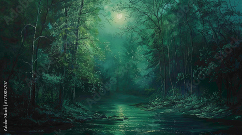 A tranquil forest scene bathed in the soft glow of moonlight, with hues of emerald green and midnight blue blending harmoniously together. photo