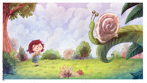 Little girl looking at a snail in nature