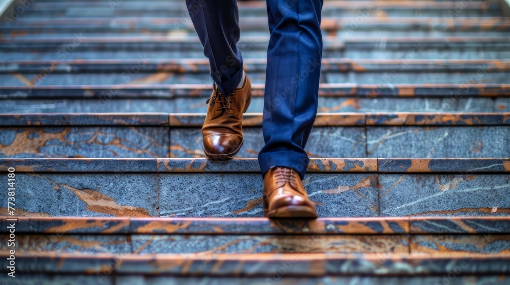 Close-up of a man's feet walking up steps in dress shoes and blue suit pants Close-up of a man's feet walking up steps in dress shoes and blue suit pants