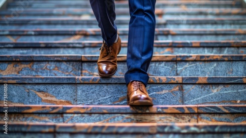 Close-up of a man's feet walking up steps in dress shoes and blue suit pants