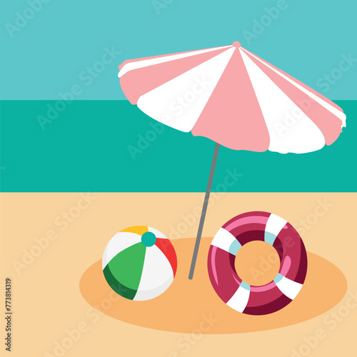 Vector image of a life-saving inflatable circle, a beach ball and an umbrella from the sun. For safe swimming and playing on the beach and in the pool.