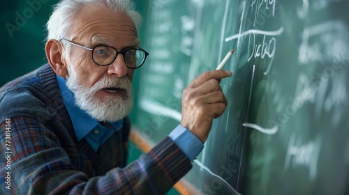 Senior male professor explaining and writing on green chalkboard