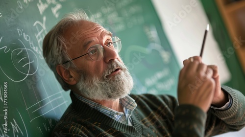 Senior male professor explaining and writing on green chalkboard