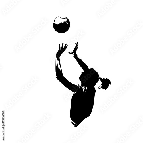 Volleyball player, woman, isolated vector silhouette, side view. Female volleyball logo