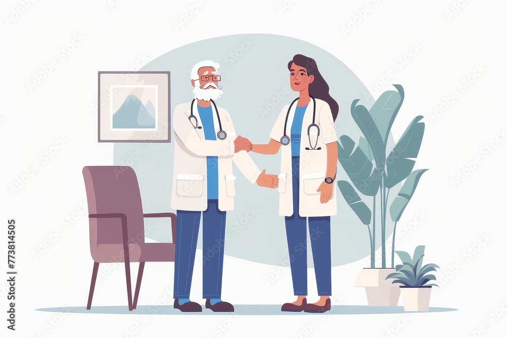 Nurse meets with elderly patients in retirement home. Old man shakes hands with happy young nurse, gives her thumbs up and says that he likes it here, Generative AI