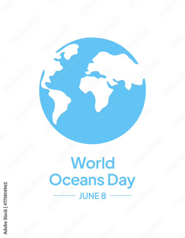 Vector flat illustration of planet Earth in blue color and World Oceans Day text