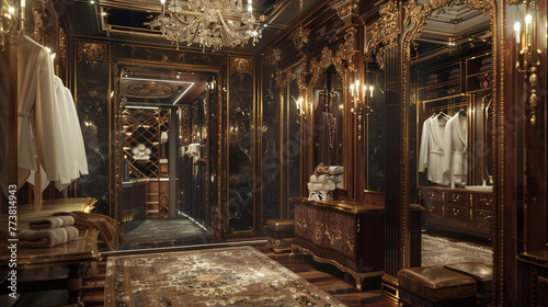 An opulent dressing area featuring a vintage-inspired wardrobe, adorned with ornate details and reflective surfaces that amplify its grandeur. 8K