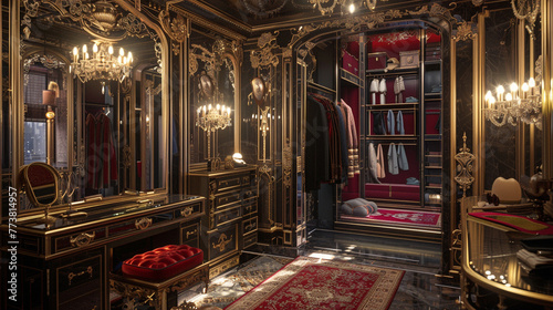 An opulent dressing area featuring a vintage-inspired wardrobe, adorned with ornate details and reflective surfaces that amplify its grandeur. 8K