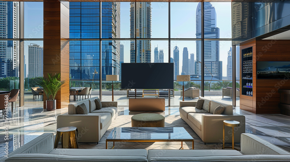 An urban-chic TV lounge featuring a 50-inch LED TV framed by floor-to-ceiling windows overlooking the city skyline, 