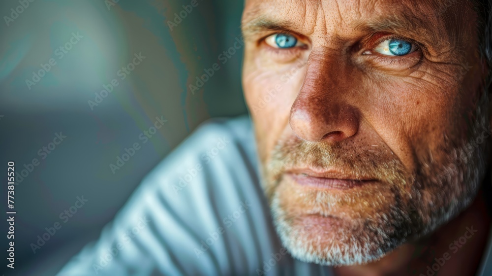 Close-up of a man with striking blue eyes and a serious expression Close-up of a man with striking blue eyes and a serious expression