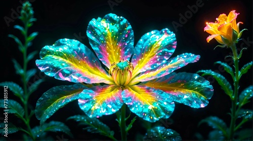 ethereal beauty of a delicate, translucent flower, petals in vibrant hues of iridescent greens, blue and yellow with glowing and sparkling effect in dark background © Appu