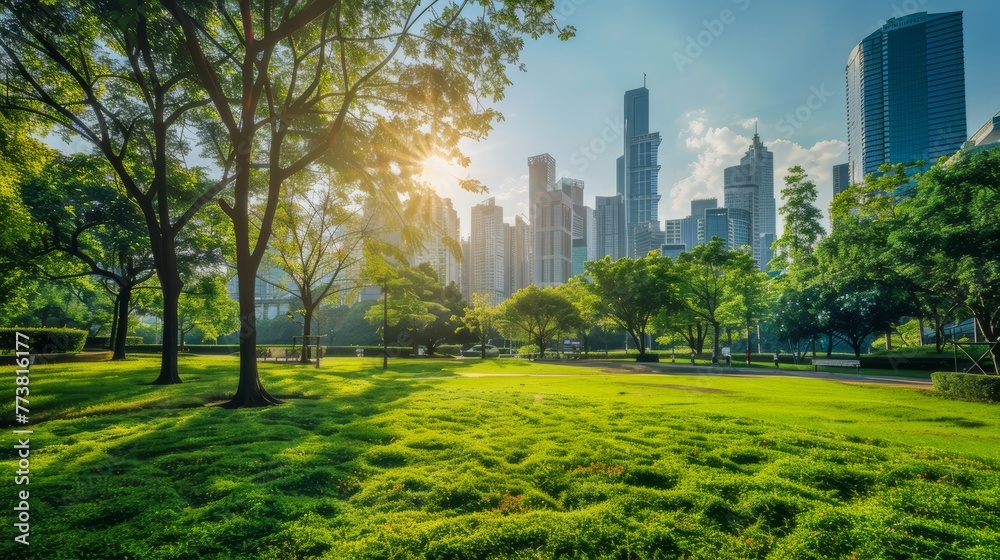 Scenic view of a city park with lush greenery and skyline during sunrise Scenic view of a city park with lush greenery and skyline during sunrise