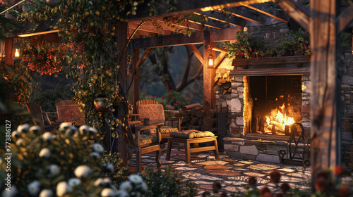 A charming outdoor retreat with a rustic fireplace and wooden furniture, offering a cozy atmosphere for enjoying cool evenings. 8K. © Sumia