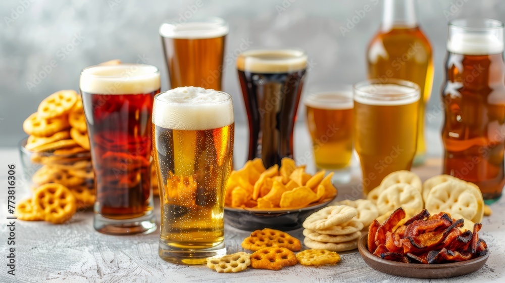 Assorted glasses of beer and snacks on a textured surface Assorted glasses of beer and snacks on a textured surface
