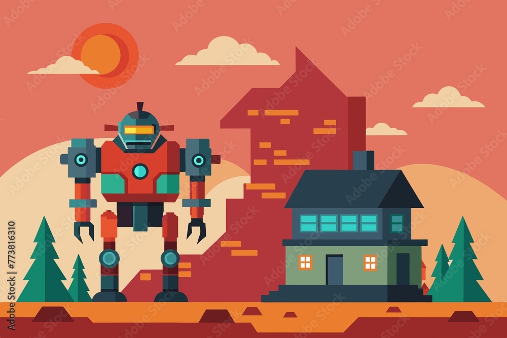 vector art robot and house in the forest