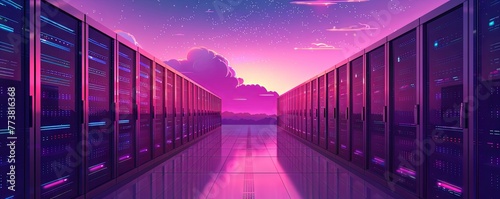 Computer in the data center. Cloud computing service on a large server farm. vector simple illustration