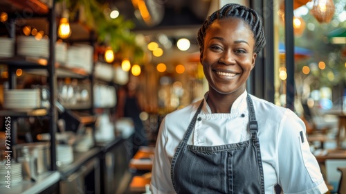 Confident female chef in a professional kitchen with a welcoming smile photo