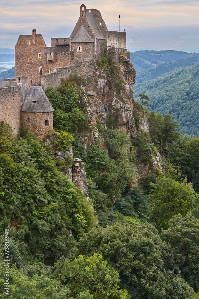 Wachau valley and Danube river. Aggstein picturesque castle. Austrian landmark