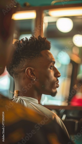 Barbershop view with a focus on hairstyle. A sharp focused hairstyle of a person sitting inside a barbershop with trendy interior decor