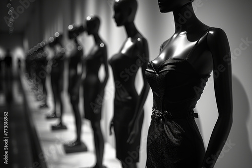 Luxurious fashionable black evening dresses on black mannequins standing in a row. Black and white image. Generated by artificial intelligence