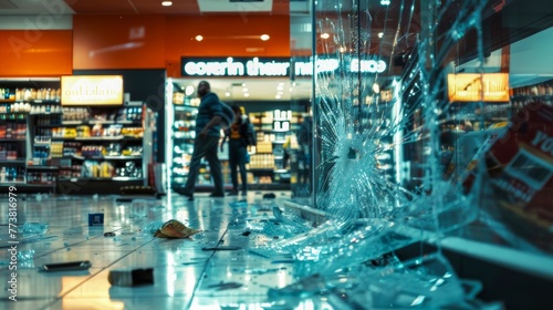 Aftermath of a burglary in a store with shattered glass and scattered merchandise