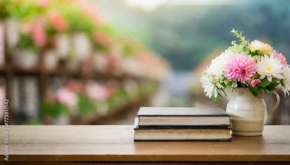 Reading Nook: Empty Table with Books and Flowers in Blur Reading Nook: Empty Table with Books and Flowers in Blur