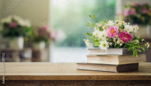Floral Harmony  Selective Focus on Books and Blooms