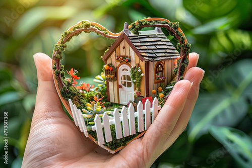 A heart-shaped tiny house model, complete with a miniature garden and white picket fence, held gently against a background of softly blurred natural greenery, symbolizing home is where the heart is. photo
