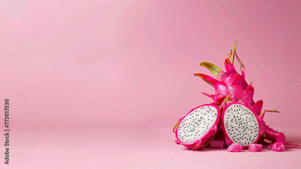 Halved dragon fruit on a pink backdrop with soft shadows. Halved dragon fruit on a pink backdrop with soft shadows.